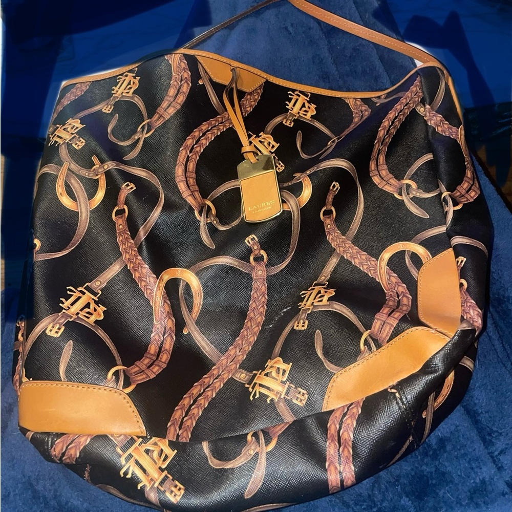 Ralph Lauren Black/Brown Equestrian Print PVC And Leather Shopper Tote